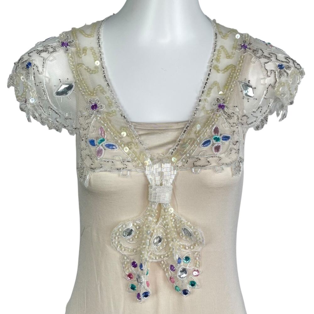 Vintage Colorful Beaded Sequin Ivory Lace Shawl Collar Caplet Women's